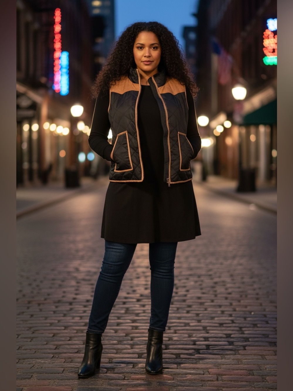 Black Quilted Vest with Tan Accents - Women's Sleeveless Layer